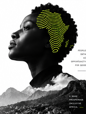 Woman in profile, Africa fingerprint motif and African landscape.