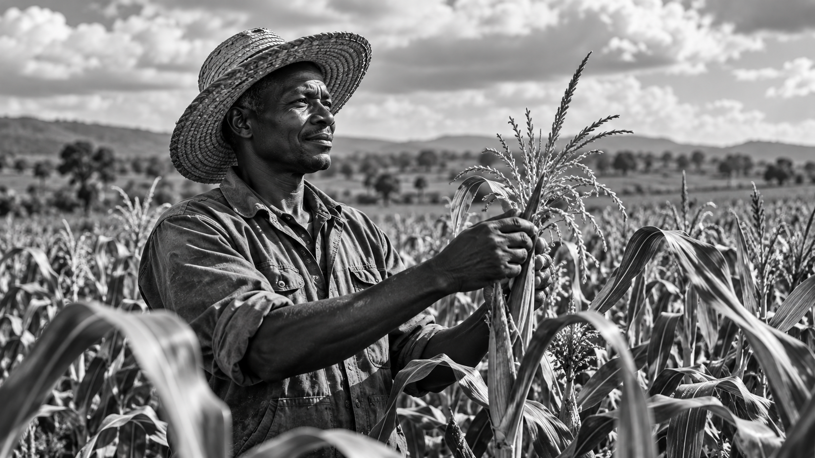 Farmer inspecting crops in a cornfield