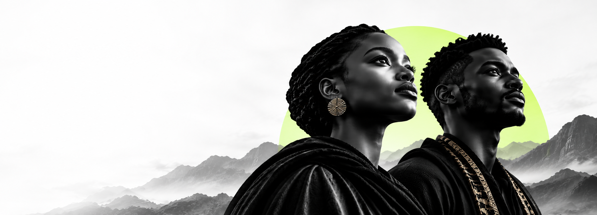 African woman and man with a lime halo and mountains fading into white.