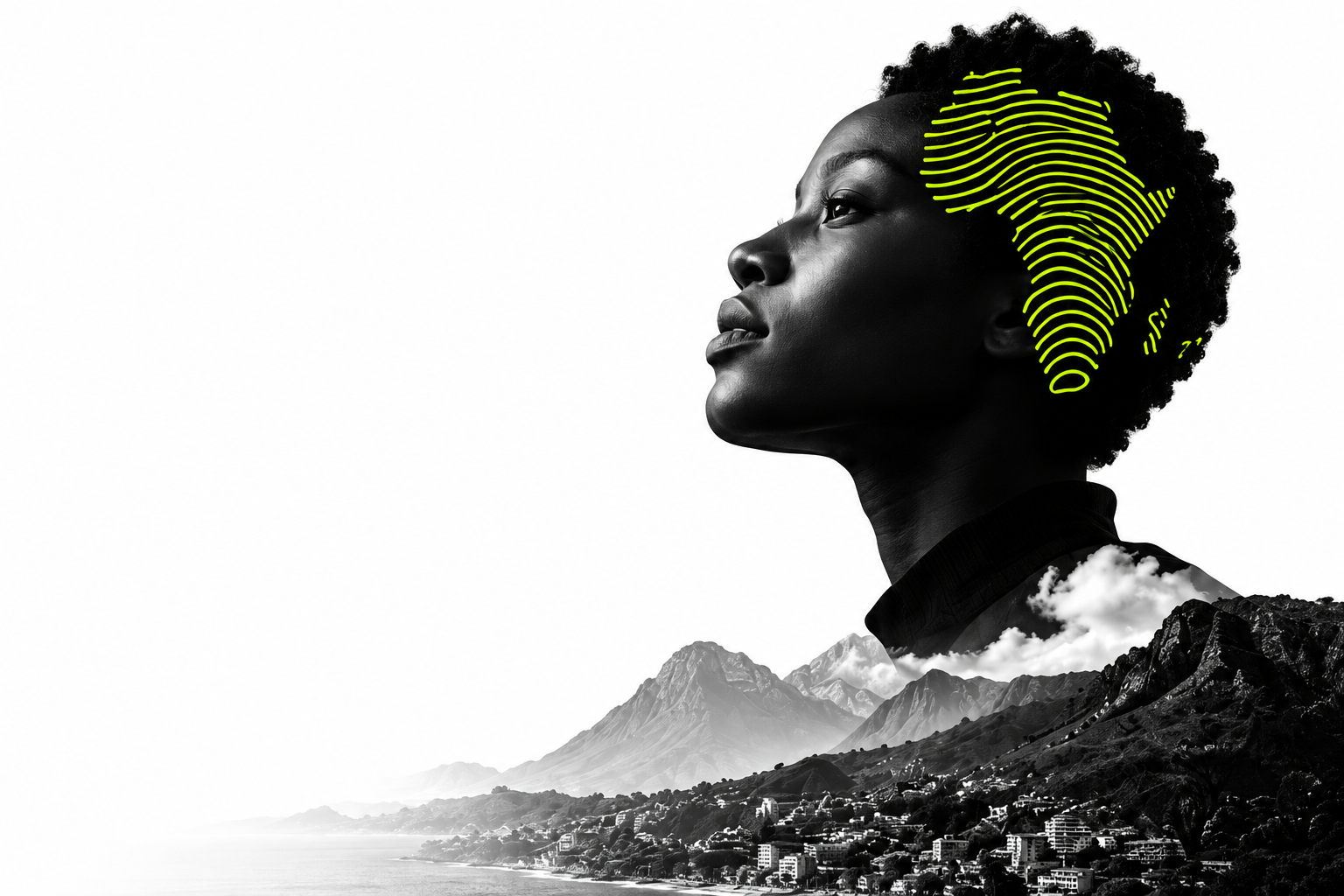 African woman in profile with a neon Africa fingerprint motif and a landscape fading into white.