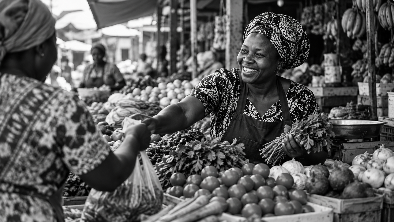 Smiling market vendor at an African market